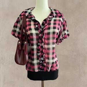 Vintage Zoe + Skye Pink and Black plaid short sleeve blouse